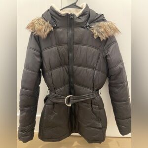 Fur lined black belted puffer jacket